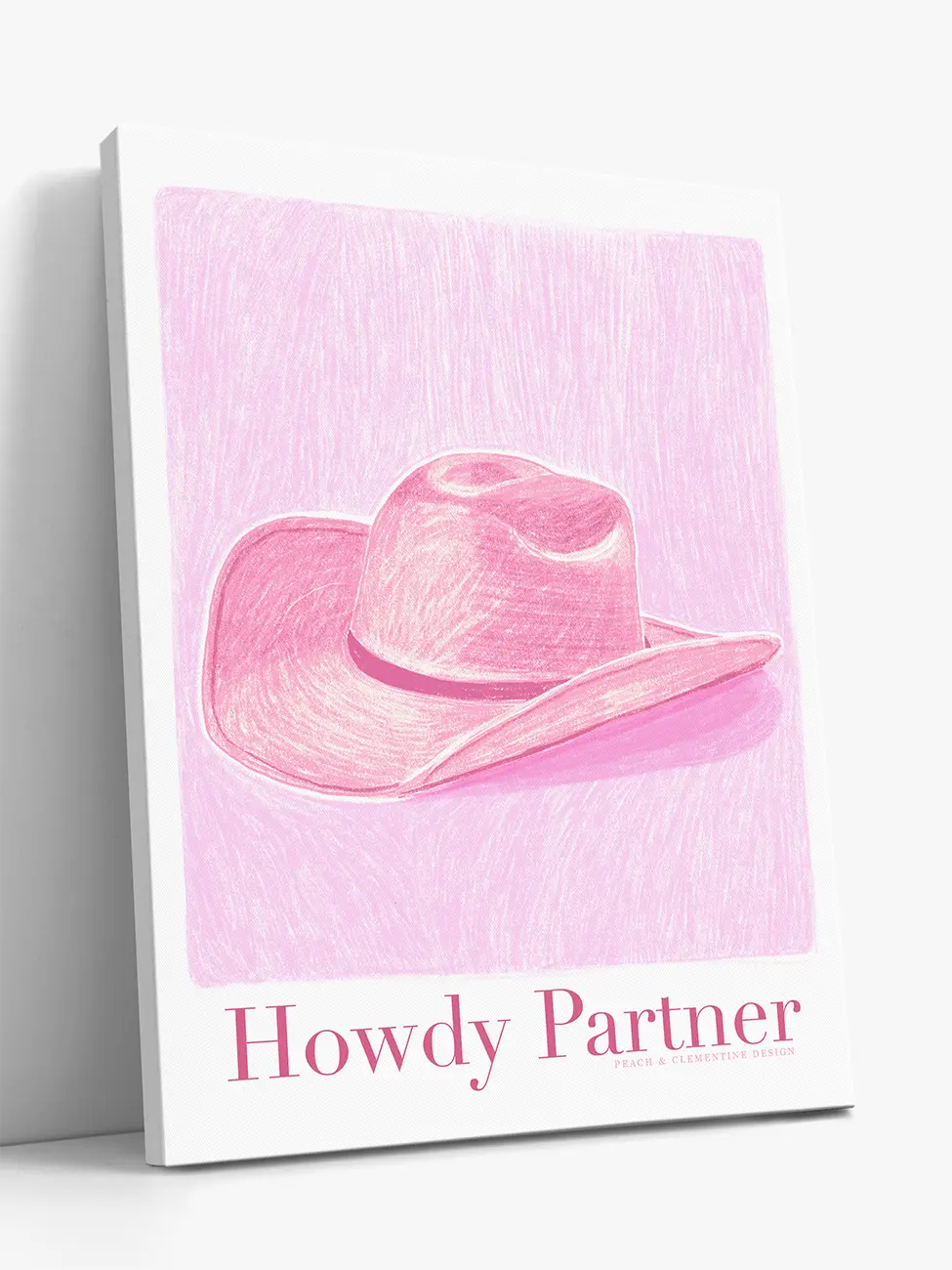 Pop art illustration canvas print of pink cowboy hat on a pink background with Howdy Partner text.