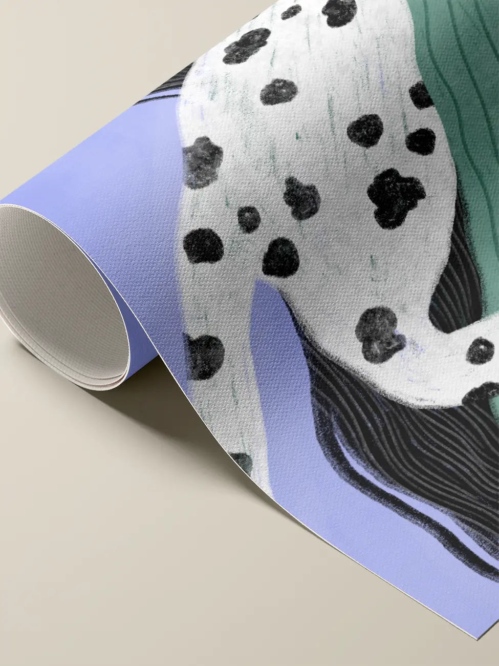Rolled cotton canvas detail: white fur with graphite spots and the visible weave of the fabric