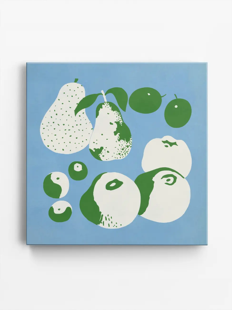 Gallery wrapped canvas print frontal view with green and white apples, pears and plums on a blue background. Illustration by Helene Guertik.