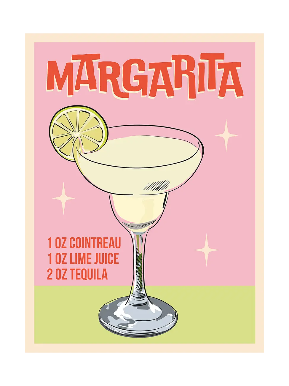 Margarita recipe card with a glass of margarita, lime wedge, and pink background.