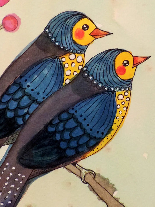 Detail of a poster - illustration of two colorful birds in blue and yellow, perched on a branch on a light beige background.