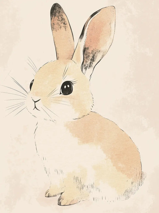 Close up of Illustration for kids room of a cute bunny in soft beige colors