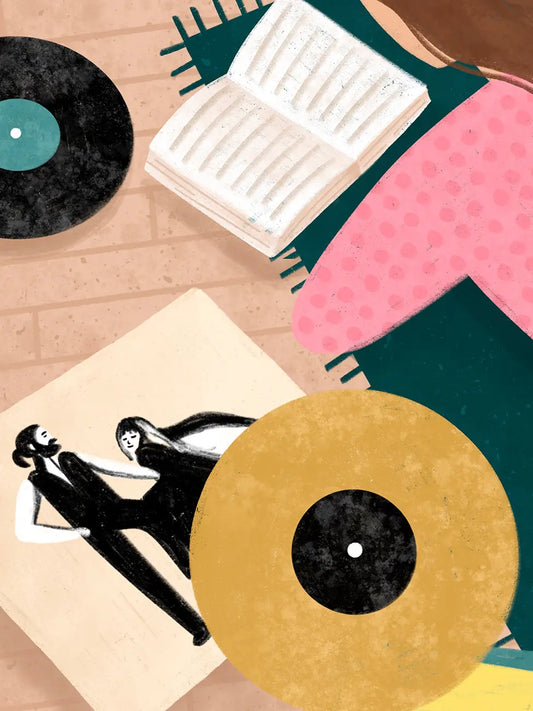 Detail of an abstract flat-lay illustration with overlapping shapes and objects including a black vinyl record, an open white book, a pink dotted fabric shape, teal and tan blocks, and a cream card with black line art on a tan brick-like background.