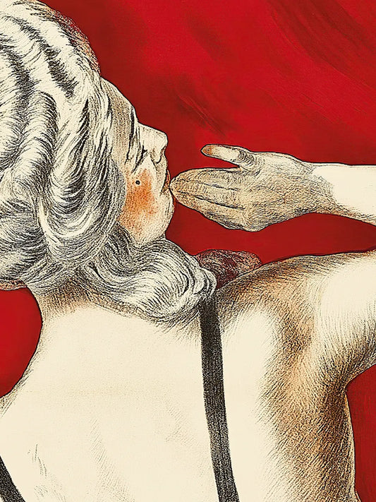 Close up of vintage advertising of 'Crème de Luzy' by Cappiello: a woman seen from behind, with a hand near her face, on red background.
