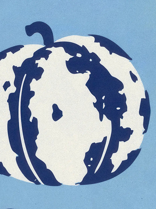 Detail of an illustration by Guertik, recoloured by Art Punch Studio: close up of watermelon in blue and white on sky-blue,