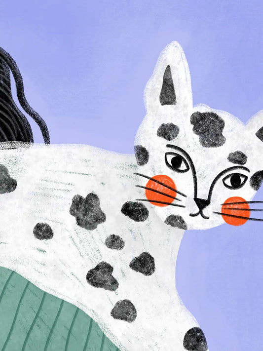 Art print detail: a white cat with black spots, orange cheeks and long black whiskers on a blue-violet background.