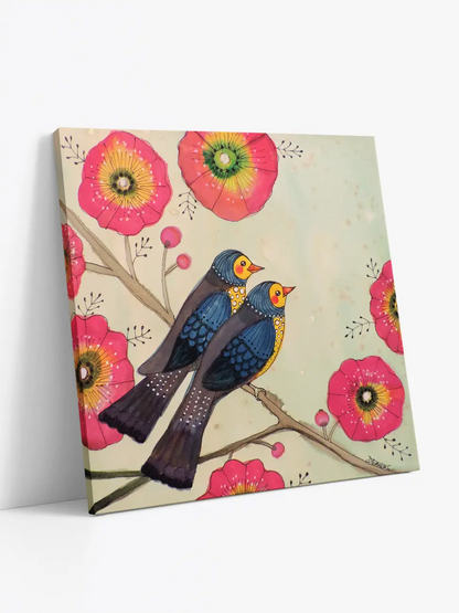 Canvas print in slight side view:  two colourful birds on a branch with bright pink bloomsagainst a beige background.