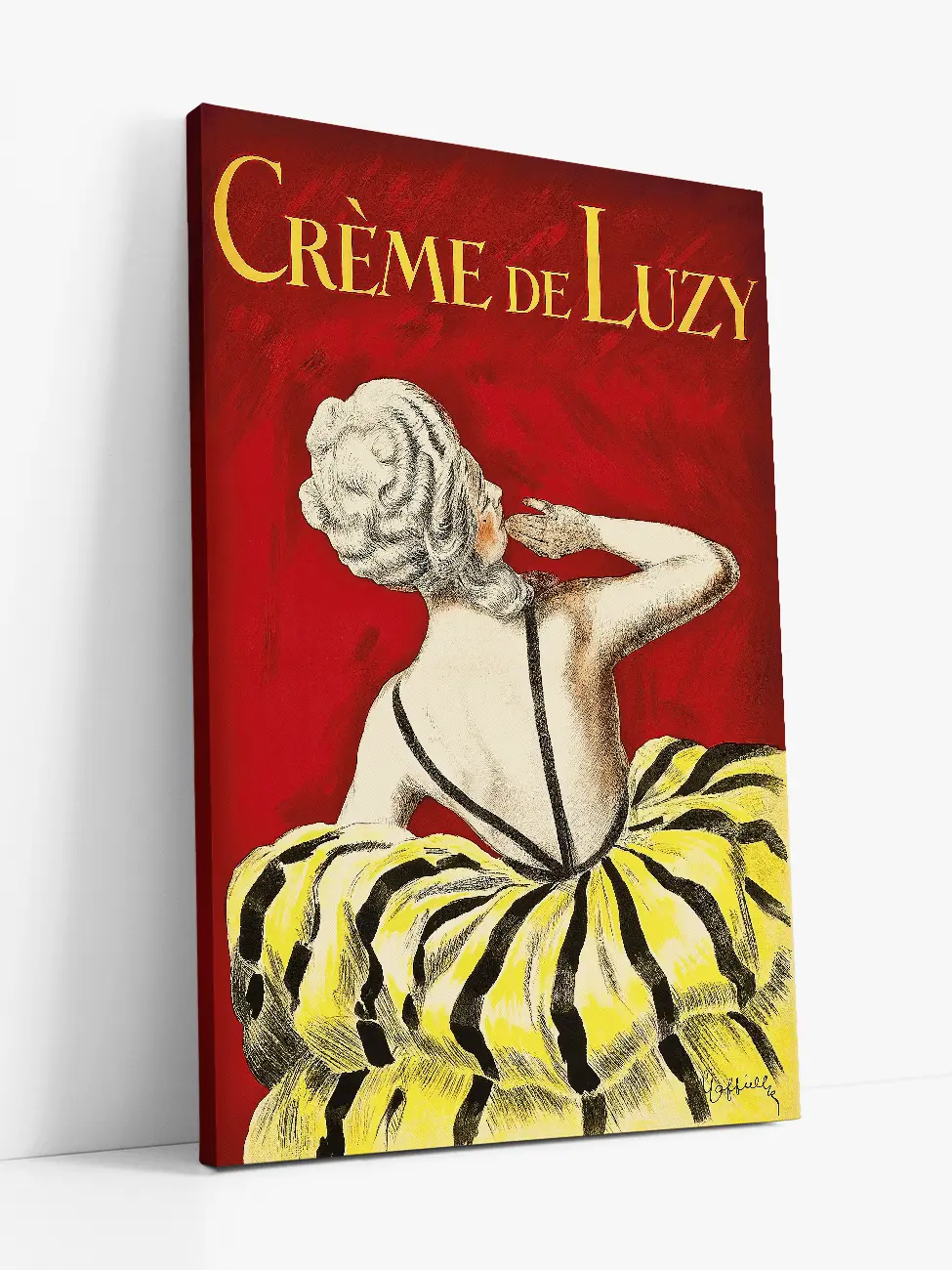 Canvas print by Art Punch of 'Crème de Luzy' with a woman in a yellow dress on a red background