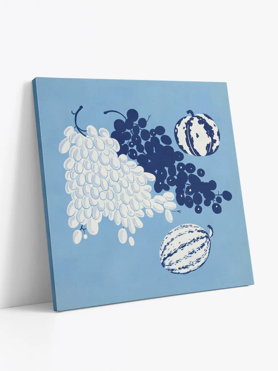 Canvas print seen from the side with blue and white fruit illustrations on a light blue background. Gertik's colour plate in a fresh read by Art Punch Studio