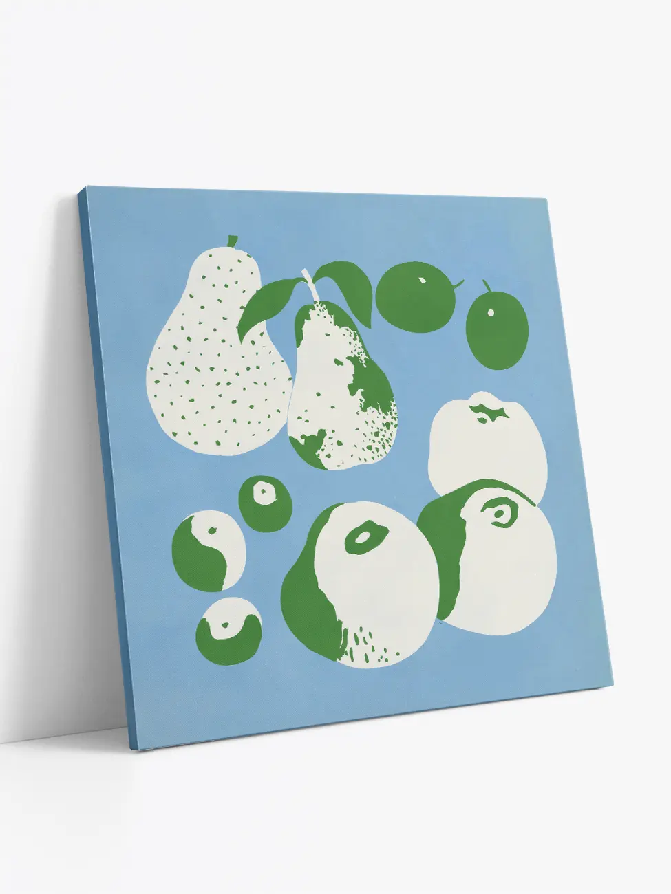 Square format gallery wrapped canvas print with green and white apples, pears and plums on a blue background. Illustration by Helene Guertik.
