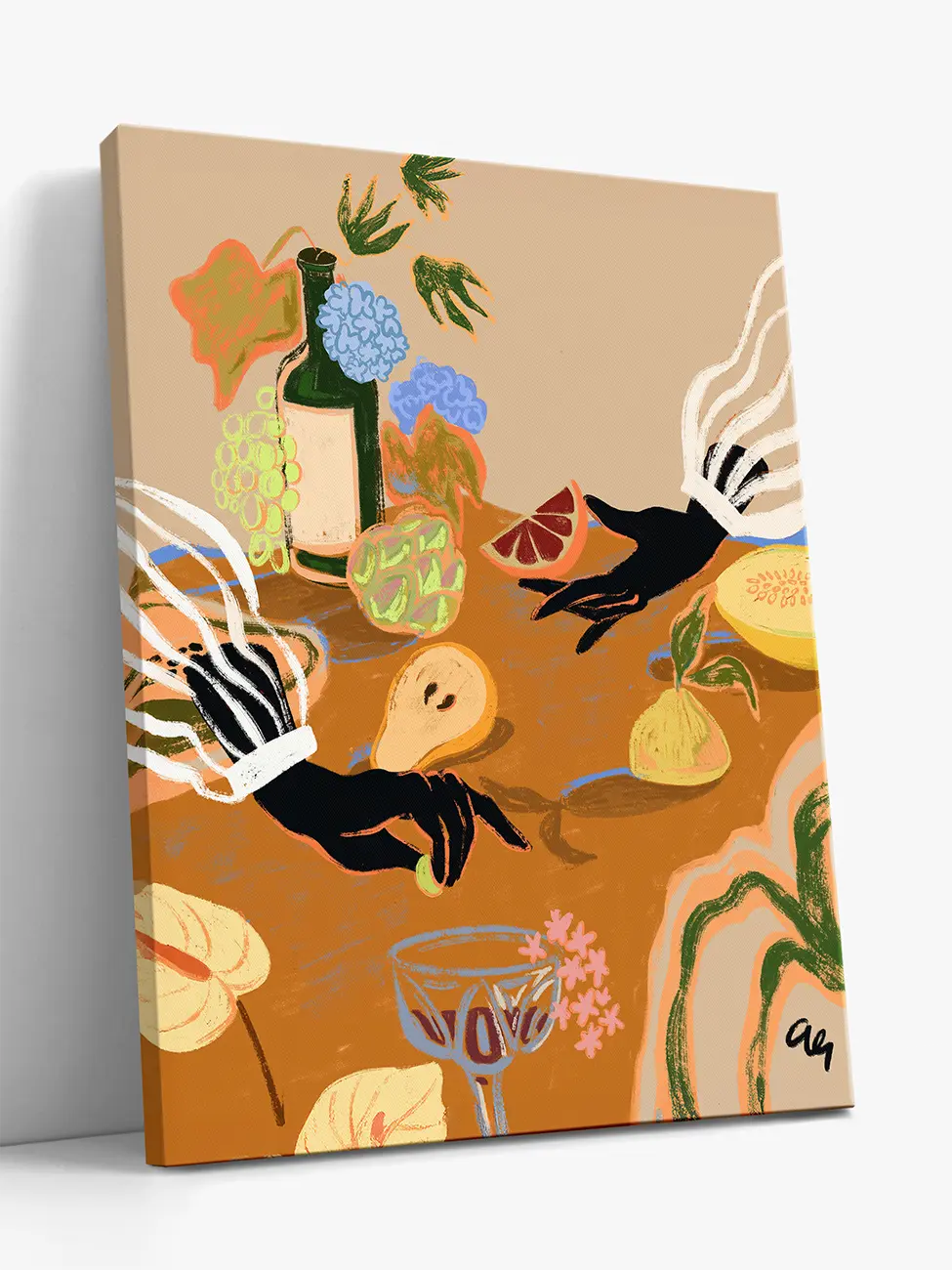 Canvas print with artistic depiction of hands, fruits, and a drink on a brown background.
