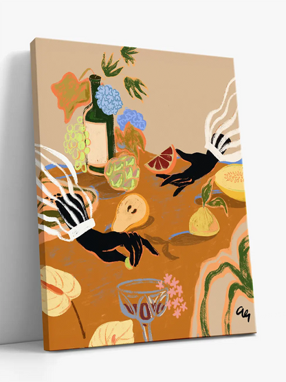 Canvas print with artistic depiction of hands, fruits, and a drink on a brown background.
