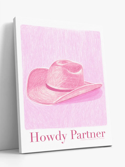 Pop art illustration canvas print of pink cowboy hat on a pink background with Howdy Partner text.