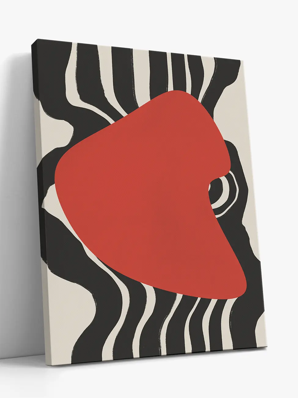 Gallery wrapped canvas art print - abstract  red shape onto zebra-like pattern