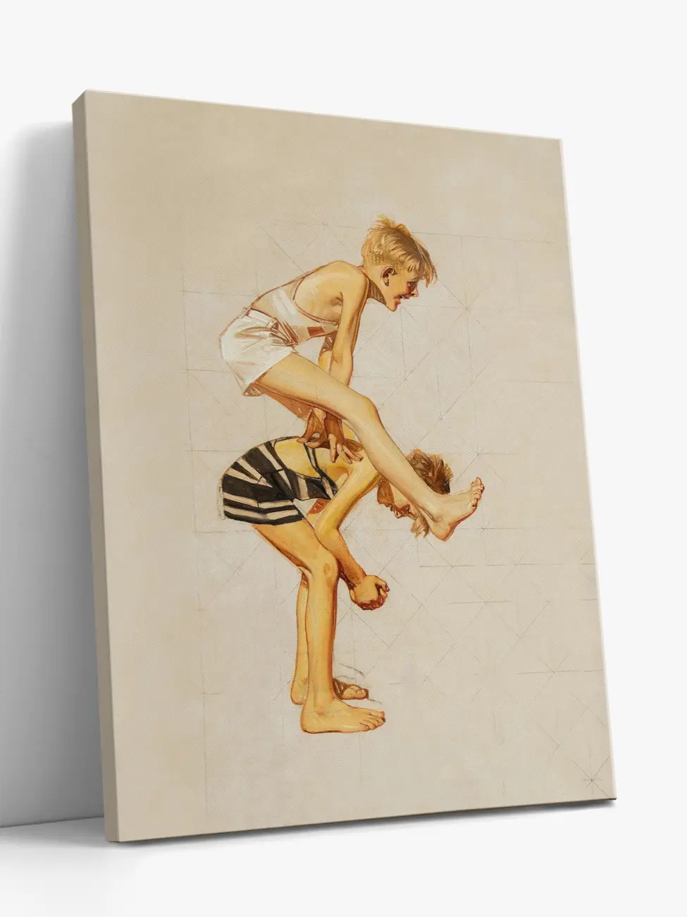 A vertical gallery-wrapped cotton canvas print featuring two boys in swimwear playing leapfrog. Ochre and cream, oil study by J. C. Leyendecker.