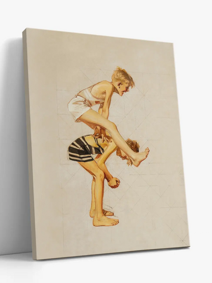 A vertical gallery-wrapped cotton canvas print featuring two boys in swimwear playing leapfrog. Ochre and cream, oil study by J. C. Leyendecker.