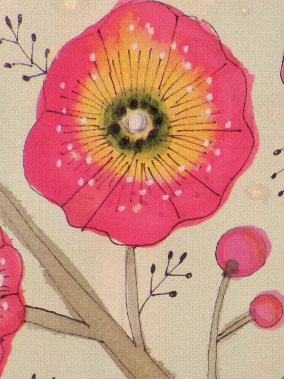 Print on canvas detail with visible texture; an Illustration of a pink flower with a yellow center on a beige background.