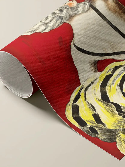 Close up of rolled canvas print by Art Punch: with a detail from 'Crème de Luzy': woman's bare shoulder, yellow dress, red background.