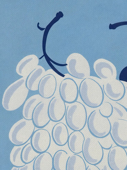 Close up with canvas texture of white grapes on a light blue background. Fragment of Gertik's colour plate Fruits in a fresh read by Art Punch Studio.