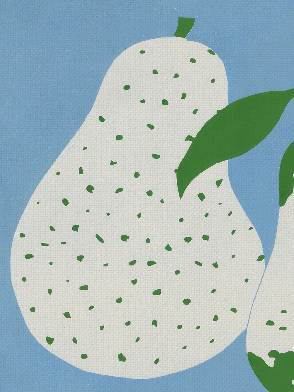 Print on canvas close up of a white pear with green spots on a blue background. Illustration by Helene Guertik.
