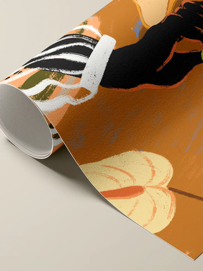 Rolled canvas print with details of a hand in black, on warm brown background.