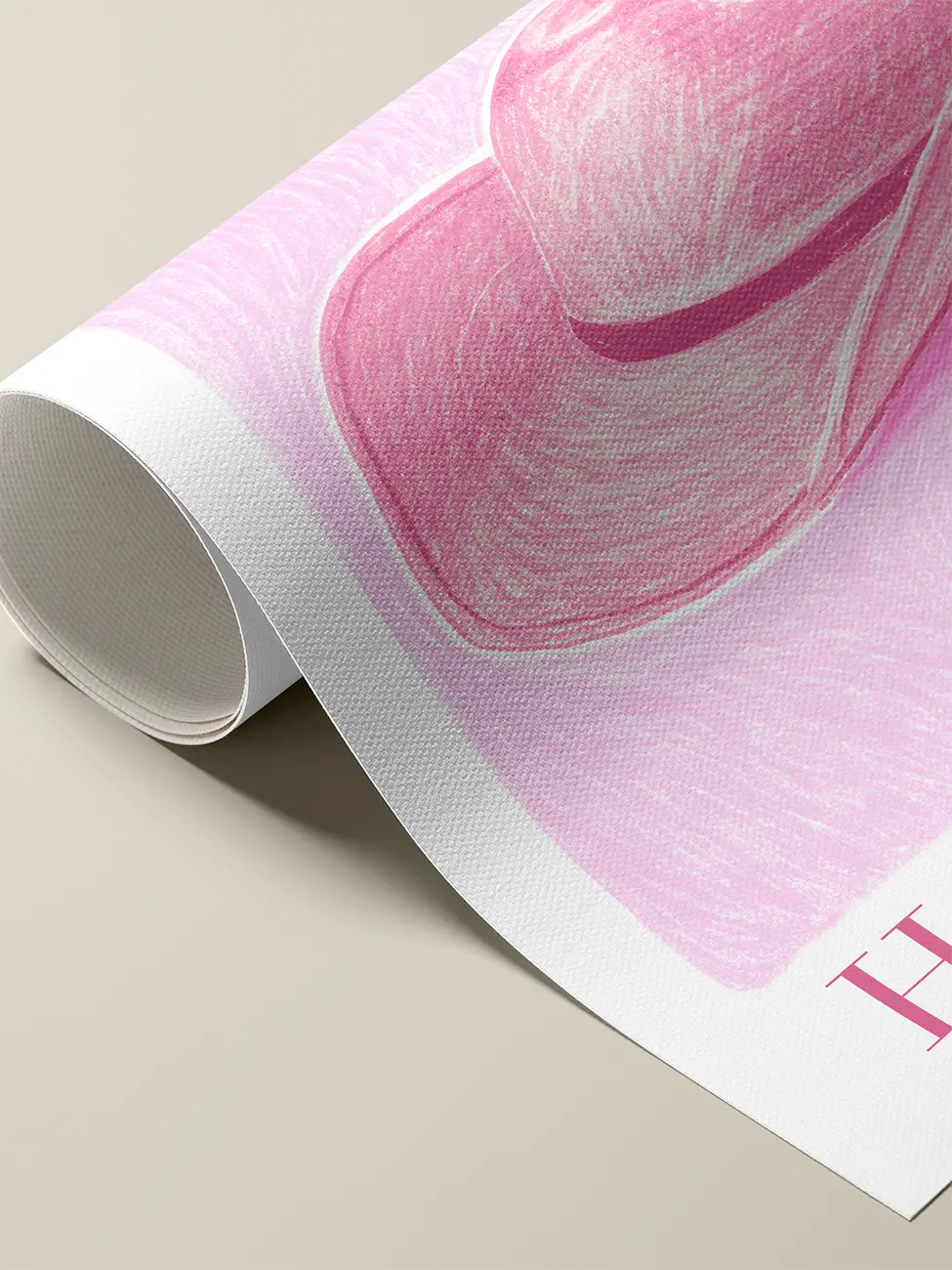 Close up of pop art illustration Howdy Partner – pink cowboy hat printed on canvas.