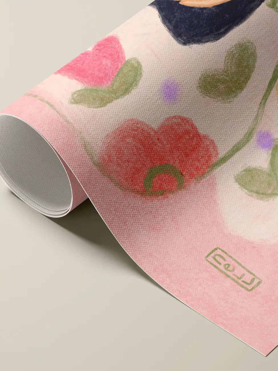 Close up of a rolled print on canvas with cherry design on a light gray background