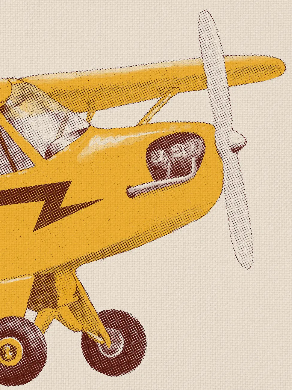 Close up with canvas print texture - yellow piper cub plane with a propeller on a light background.