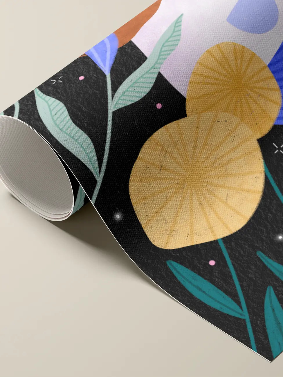 Rolled canvas print detail: a cobalt bud, a yellow fan-shaped bloom and turquoise leaves on a dark background.