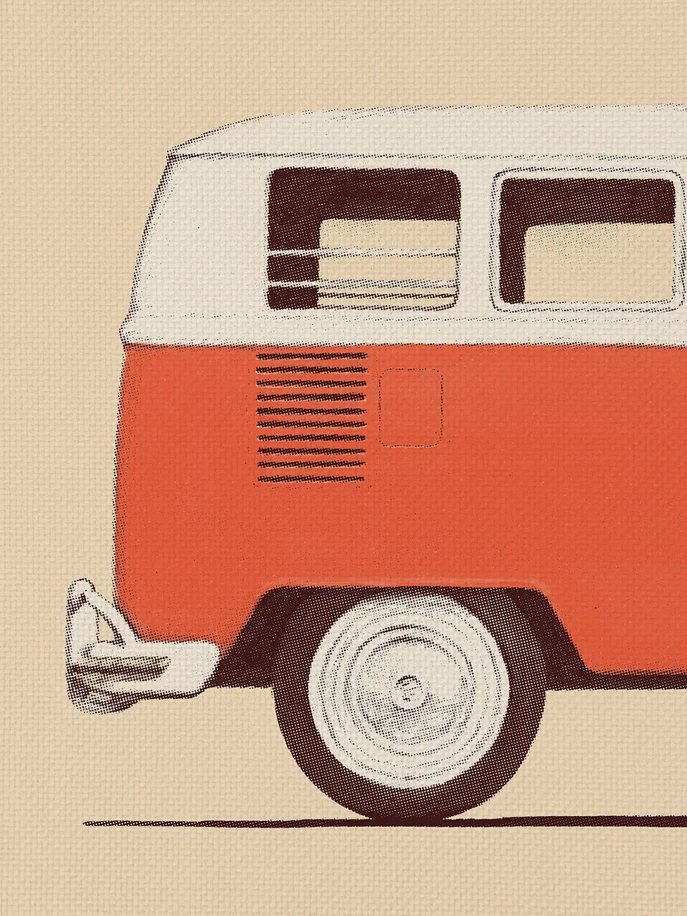 Illustration of a vintage-style red and white van on a beige background