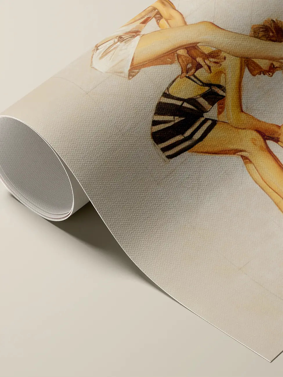 Rolled cotton canvas print detail, boys playing leapfrog, a Leyendecker beach study in ochre and cream  on a light neutral background.