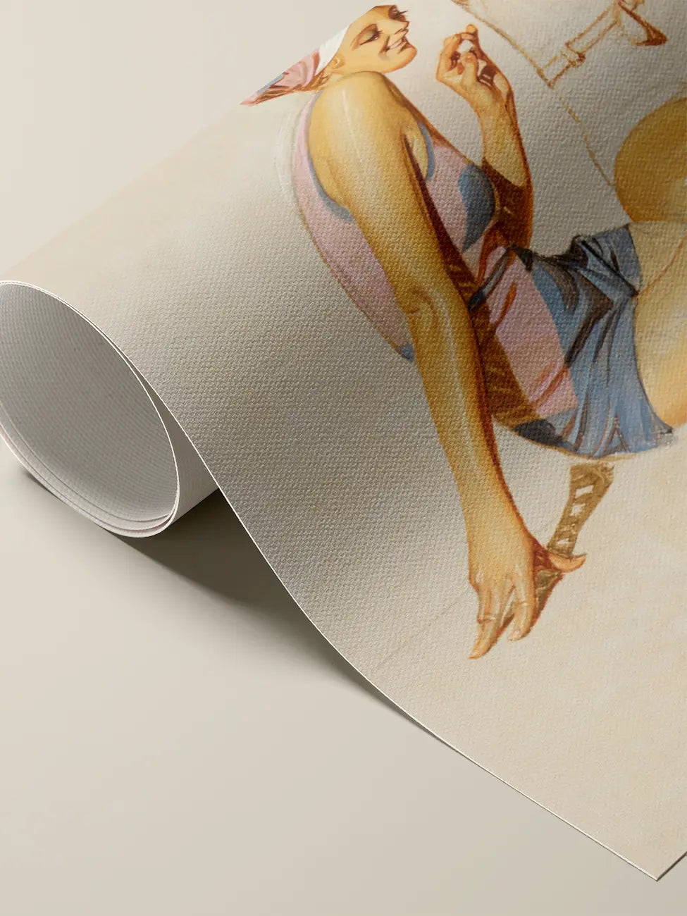 Rolled cotton canvas print: detail of a young woman in a swimsuit and a pink cap, chocolate in hand, pastel tones, fragment of study by J. C. Leyendecker.