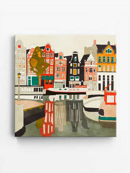 Canvas print of a colorful cityscape with buildings and boats.