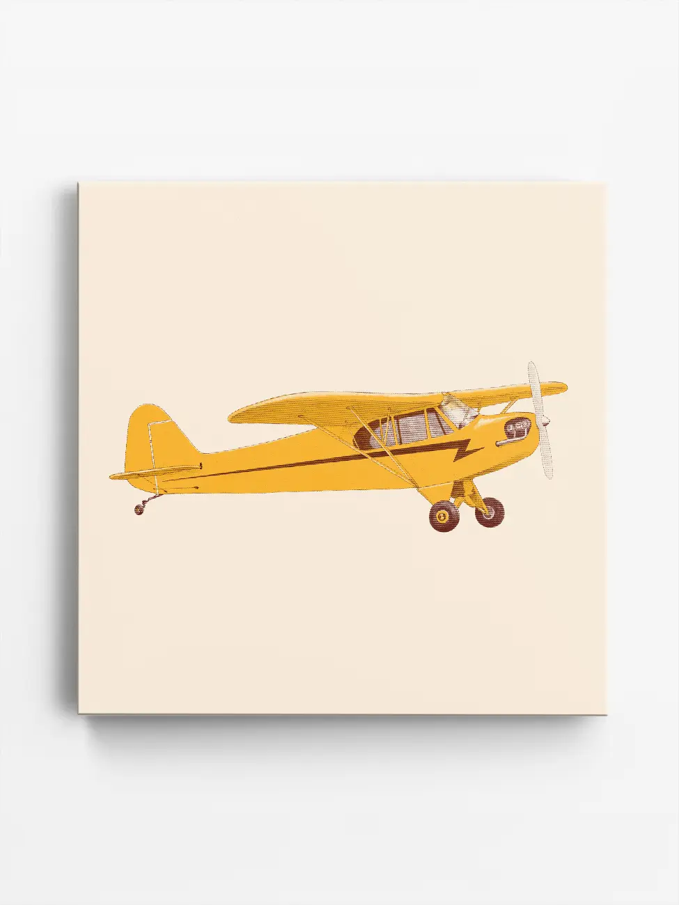 Front view of art print on canvas - yellow airplane on a light  background, square format