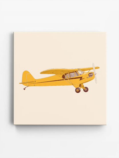 Front view of art print on canvas - yellow airplane on a light  background, square format