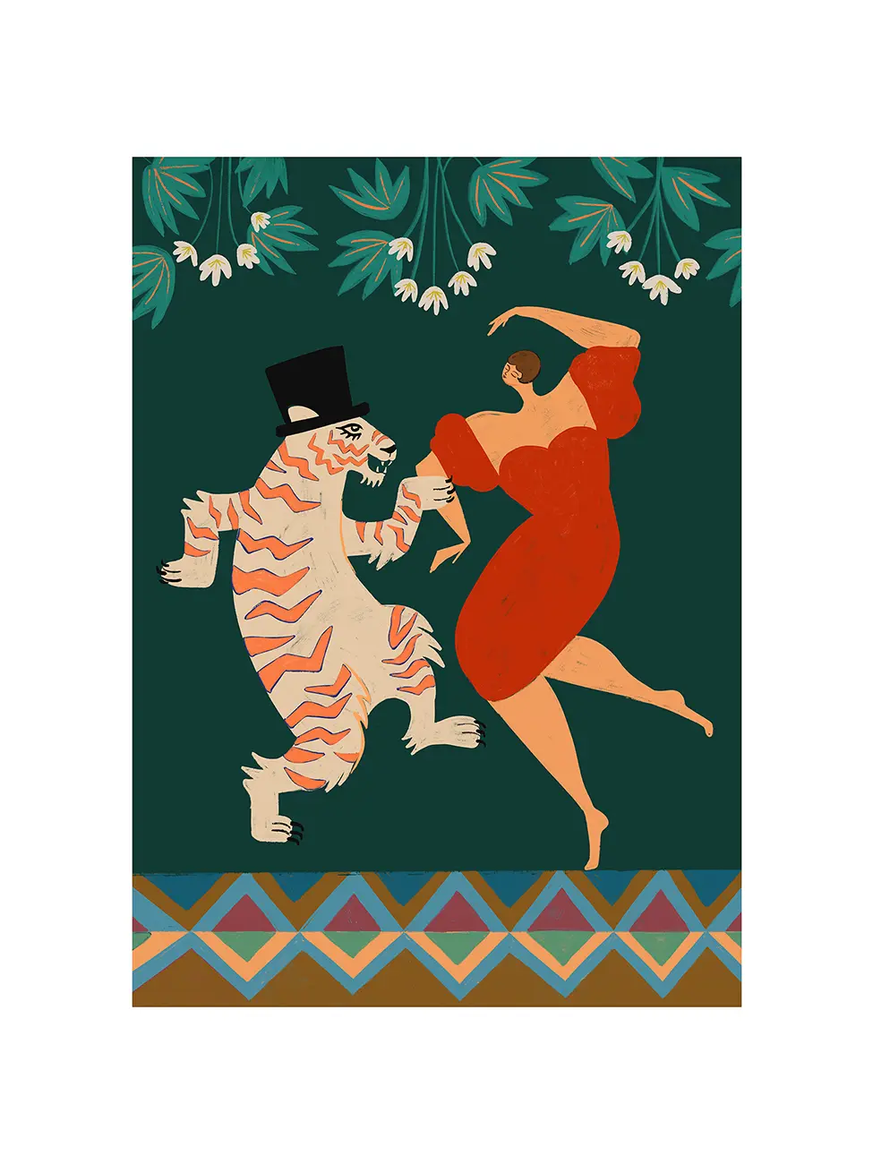 Illustration print of a woman in a red dress dancing with a tiger wearing a top hat on a dark green background with floral patterns.