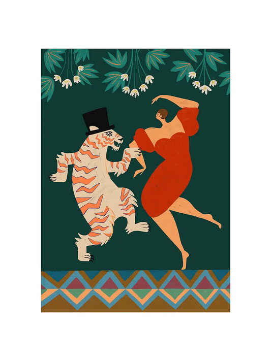 Illustration print of a woman in a red dress dancing with a tiger wearing a top hat on a dark green background with floral patterns.