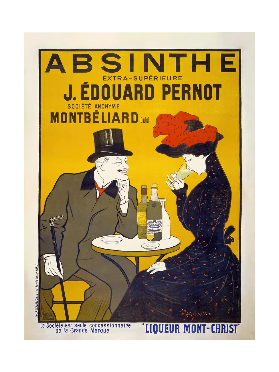 High quality print of a vintage absinthe advertisement poster with yellow background and flirting couple at a table.