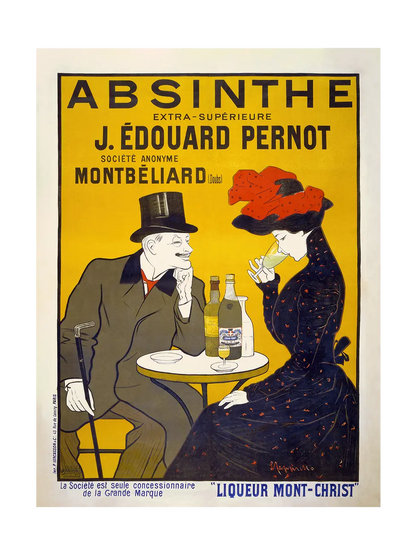 High quality print of a vintage absinthe advertisement poster with yellow background and flirting couple at a table.