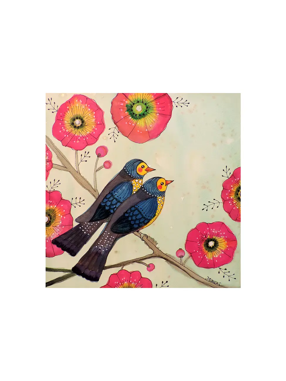 Two colorful birds on a branch with pink flowers on a beige background. Art poster with white border.