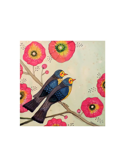 Two colorful birds on a branch with pink flowers on a beige background. Art poster with white border.