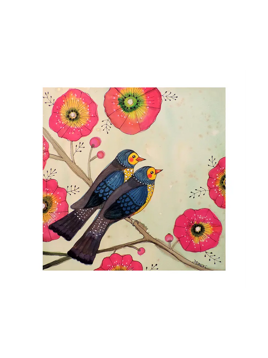 Two colorful birds on a branch with pink flowers on a beige background. Art poster with white border.