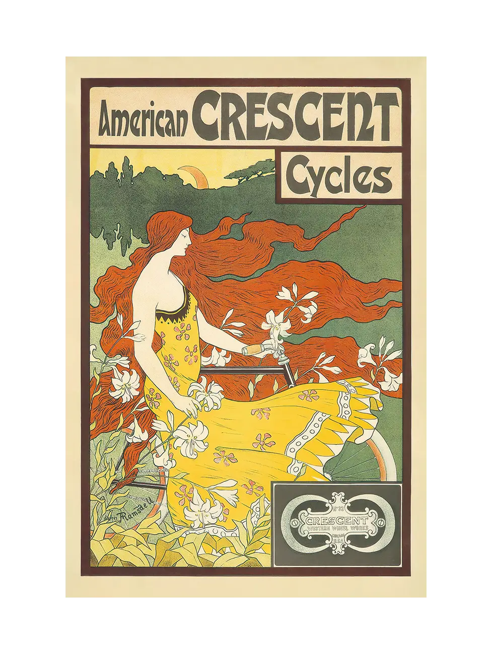 Vintage-style advertisement for American Crescent Cycles featuring a woman with long, red hair, yellow dress and a bicycle.