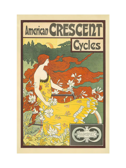 Vintage-style advertisement for American Crescent Cycles featuring a woman with long, red hair, yellow dress and a bicycle.