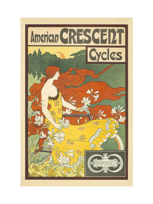 Vintage-style advertisement for American Crescent Cycles featuring a woman with long, red hair, yellow dress and a bicycle.