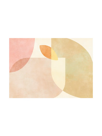 Abstract design with pastel pink, orange and yellow shapes on a light beige background in a wide horizontal format