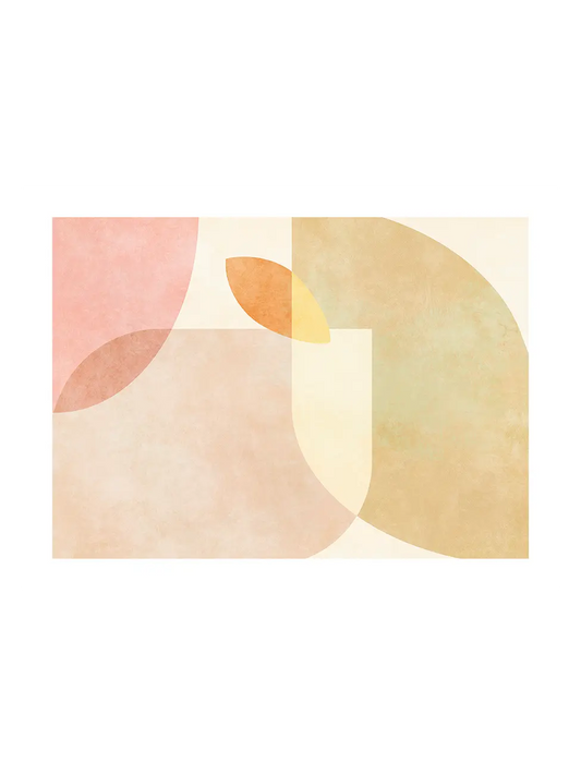Abstract design with pastel pink, orange and yellow shapes on a light beige background in a wide horizontal format