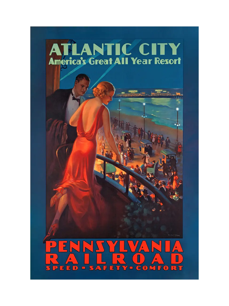 Vintage travel poster for Atlantic City featuring a couple on a balcony overlooking a night bboardwalk scene.