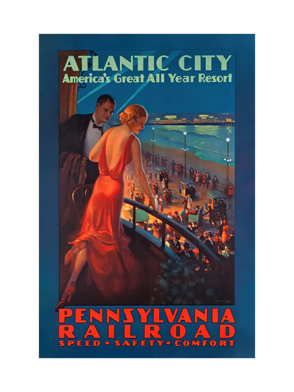 Vintage travel poster for Atlantic City featuring a couple on a balcony overlooking a night bboardwalk scene.