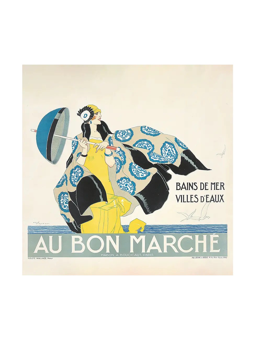 Au Bon Marché vintage advertisement poster, c. 1925, René Vincent, woman in yellow dress with blue parasol and patterned wrap.